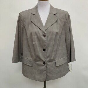Valerie Stevens Women's Blazer Size 14W Brown Print Lined 3/4 Sleeves Plaid NWOT